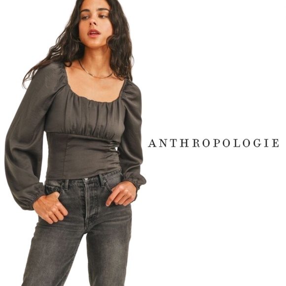 Anthropologie Sadie & Sage Satin Minute Stroll Smock Top Blouse Grey - Medium - Picture 1 of 9